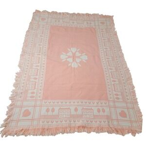 VTG Interpur Pink Ivory Reversible Cotton Afghan Blanket House Heart Spain 63x44
